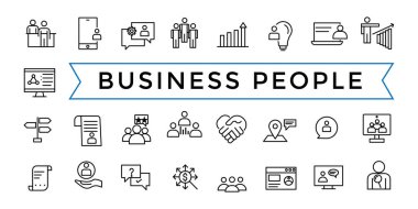 İş adamları, insan kaynakları, ofis yönetimi simgesi seti. Taslak simgeler paketi. Simge koleksiyonu. Düzenlenebilir vektör simgesi ve resimleme.