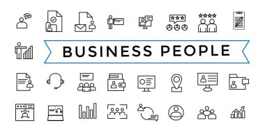 İş adamları, insan kaynakları, ofis yönetimi simgesi seti. Taslak simgeler paketi. Simge koleksiyonu. Düzenlenebilir vektör simgesi ve resimleme.