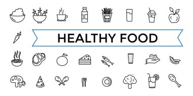 İnce çizgili Icon Sağlıklı Gıda, Helal, Kosher, vejetaryen yiyecekler. Lactose, Gluten ve Şekersiz, GDO 'suz, NON Palm yağı gibi ikonlar içerir. Taslak simgeleri paketi. 