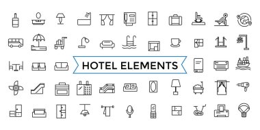 Otel elemanları - ince çizgi web simgesi seti. Taslak simgeler paketi. Simge koleksiyonu. Düzenlenebilir vektör simgesi ve resimleme.