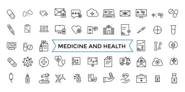 Tıp ve Sağlık Sembolleri web simgesi seti. Taslak simgeler paketi. Simge koleksiyonu. Düzenlenebilir vektör simgesi ve resimleme.