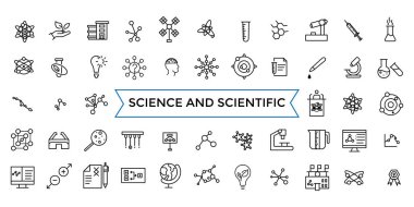 Bilim ve bilimsel aktivite ikonu seti. en küçük çizgi simgesi seti. Taslak simgeler paketi. Simge koleksiyonu. Düzenlenebilir vektör simgesi ve resimleme.