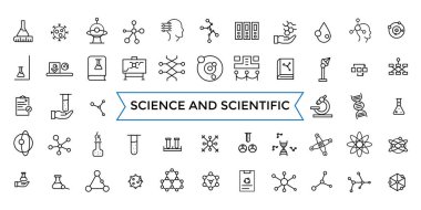 Bilim ve bilimsel aktivite ikonu seti. en küçük çizgi simgesi seti. Taslak simgeler paketi. Simge koleksiyonu. Düzenlenebilir vektör simgesi ve resimleme.