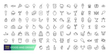 Yiyecek ve içecek ikonları koleksiyonu. Daha ince çizgi simgeleri seti. Yiyecek ve içecekler siyah simgeler.