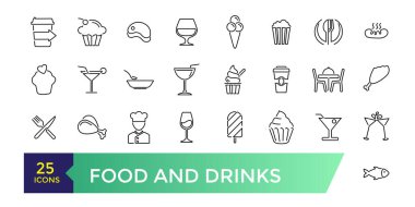 Yiyecek ve içecek ikonları koleksiyonu. Daha ince çizgi simgeleri seti. Yiyecek ve içecekler siyah simgeler.