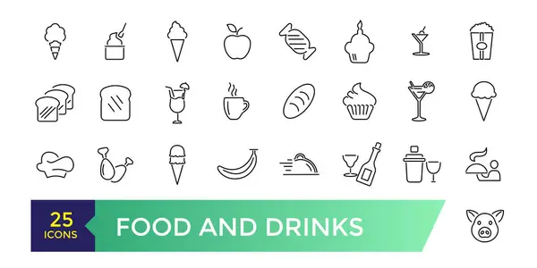 Yiyecek ve içecek ikonları koleksiyonu. Daha ince çizgi simgeleri seti. Yiyecek ve içecekler siyah simgeler.