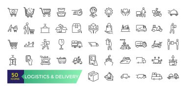 Lojistik ve Teslimat ikonları. Taslak simge koleksiyonu. Vektör illüstrasyonu. 