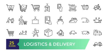 Lojistik ve Teslimat ikonları. Taslak simge koleksiyonu. Vektör illüstrasyonu. 