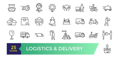 Lojistik ve Teslimat ikonları. Taslak simge koleksiyonu. Vektör illüstrasyonu. 