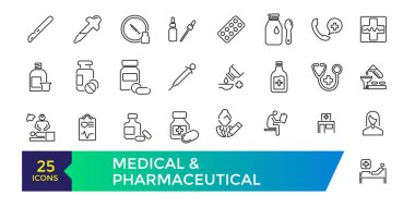 Medikal ve İlaç ikonları. Doktor, araştırma, kimya laboratuarı simgeleri.