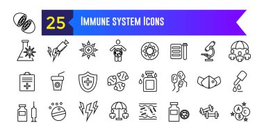 Bağışıklık sistemi simgeleri ayarlandı. ui tasarımı için bağışıklık sistemi vektör simgelerinin ana hatları. Taslak simge koleksiyonu. Düzenlenebilir vuruş.