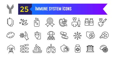 Bağışıklık sistemi simgeleri ayarlandı. ui tasarımı için bağışıklık sistemi vektör simgelerinin ana hatları. Taslak simge koleksiyonu. Düzenlenebilir vuruş.