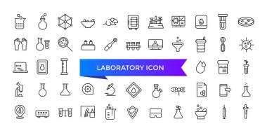 Laboratuvar ikonu koleksiyonu. Deney, test tüpü, mikroskop, matara, kimyasal, biyoloji, araştırma, laboratuvar ve daha fazlası ile ilgili. Satır vektör simgeleri ayarlandı.