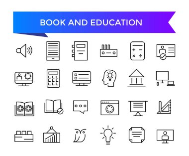 Kitap ve Eğitim ikonu koleksiyonu. Kütüphane, okuma, yazma, günlük, okuma, kitap rafı, dergi, e-kitap ve daha fazlası ile ilgili. Vektör Satırı simgeleri ayarlandı.