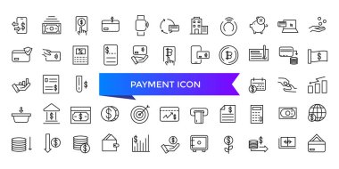 Ödeme ikonu koleksiyonu. Para, bankacılık, kredi kartı, döviz, nakit ve işlem sembollü iş ve finans ödeme tahsilatı.