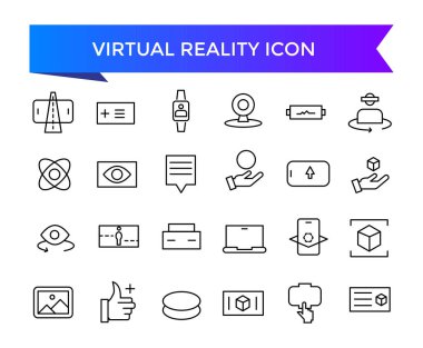 Sanal gerçeklik simgesi koleksiyonu. VR ile ilişkili, artırılmış gerçeklik, kafa toplama, dalgın, karışık gerçeklik, AR, 360 derece ve üzeri. Satır vektör simgeleri ayarlandı.