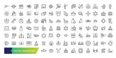 Dijital Pazarlama simgesi seti. SEO ve promosyon ürünleri koleksiyonu. Kullanıcı simgesi seti. İnce taslak simgeleri paketle.