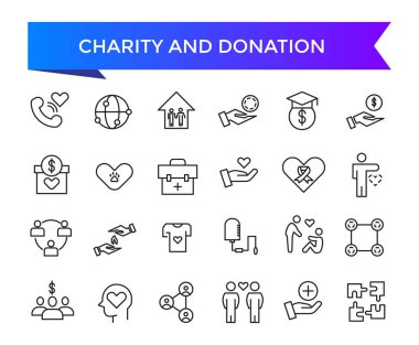 Yardım ve Bağış ikonu koleksiyonu. Yardım, gönüllü, bağışlanmış, yardım, paylaşım ve doğruculuk sembolü. Satır simgeleri vektör kümesi.
