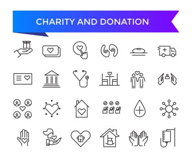 Yardım ve Bağış ikonu koleksiyonu. Yardım, gönüllü, bağışlanmış, yardım, paylaşım ve doğruculuk sembolü. Satır simgeleri vektör kümesi.