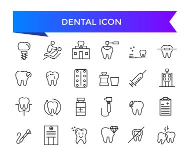 Diş simgesi koleksiyonu. Diş fırçası, diş macunu, diş fırçası, diş implantı ve diş implantı ikonları ile ilgili. Satır simgesi ayarlandı.
