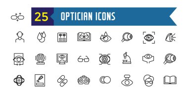 Optician icons set. Outline set of optician vector icons for ui design. Outline icon collection. Editable stroke.