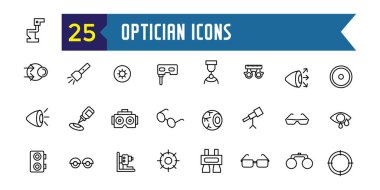 Optician icons set. Outline set of optician vector icons for ui design. Outline icon collection. Editable stroke.