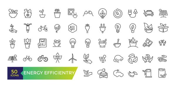 Enerji verimliliği simgesi ayarlandı. Enerji tasarrufu ampulü, güneş paneli, dairesel ekonomi, pil, ev yalıtımı. Düzenlenebilir felç çizimi. Vektör ui ve Web simgesi.