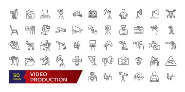 Video production line icon set. Animation music and movie editing. Vector set designs line images film production collection. clipart