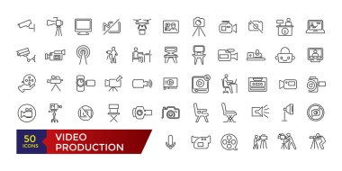Video production line icon set. Animation music and movie editing. Vector set designs line images film production collection. clipart