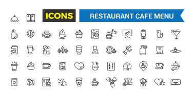 Restoran kafe menüsü, yemek ve içecek ikonu seti. Taslak simgeler paketi. Düzenlenebilir vektör simgesi ve resimleme.