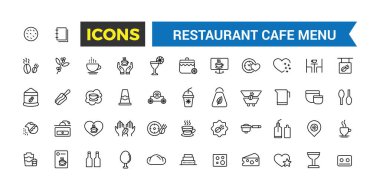 Restoran kafe menüsü, yemek ve içecek ikonu seti. Taslak simgeler paketi. Düzenlenebilir vektör simgesi ve resimleme.