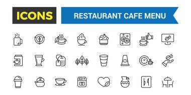 Restoran kafe menüsü, yemek ve içecek ikonu seti. Taslak simgeler paketi. Düzenlenebilir vektör simgesi ve resimleme.