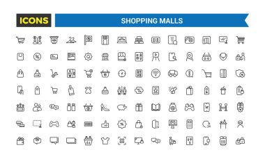 Alışveriş merkezleri ikonu seti. Perakende simge koleksiyonu, vektör, ince çizgi simgeleri koleksiyonu. Düzenlenebilir vektör simgesi ve resimleme.