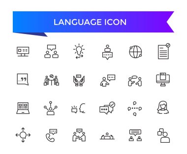 Dil simgesi koleksiyonu. İletişim, çeviri, konuşma, sözsüz, yazma, konuşma, sözlük, metin, dil becerileri ve sözcük dağarcığı simgeleriyle ilgili .