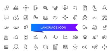 Dil simgesi koleksiyonu. İletişim, çeviri, konuşma, sözsüz, yazma, konuşma, sözlük, metin, dil becerileri ve sözcük dağarcığı simgeleriyle ilgili .