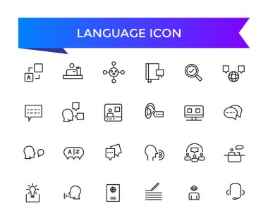 Dil simgesi koleksiyonu. İletişim, çeviri, konuşma, sözsüz, yazma, konuşma, sözlük, metin, dil becerileri ve sözcük dağarcığı simgeleriyle ilgili .