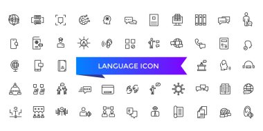 Dil simgesi koleksiyonu. İletişim, çeviri, konuşma, sözsüz, yazma, konuşma, sözlük, metin, dil becerileri ve sözcük dağarcığı simgeleriyle ilgili .