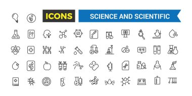 Bilim ve bilimsel aktivite ikonu seti. en küçük çizgi simgesi seti. Düzenlenebilir vektör simgesi ve resimleme.