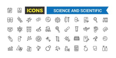 Bilim ve bilimsel aktivite ikonu seti. en küçük çizgi simgesi seti. Düzenlenebilir vektör simgesi ve resimleme.