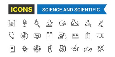 Bilim ve bilimsel aktivite ikonu seti. en küçük çizgi simgesi seti. Düzenlenebilir vektör simgesi ve resimleme.
