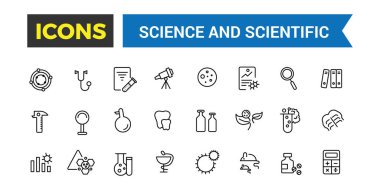 Bilim ve bilimsel aktivite ikonu seti. en küçük çizgi simgesi seti. Düzenlenebilir vektör simgesi ve resimleme.