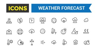 Hava tahmini ikonu seti, vektör, ince çizgi simgeleri koleksiyonu. Düzenlenebilir vektör simgesi ve resimleme.