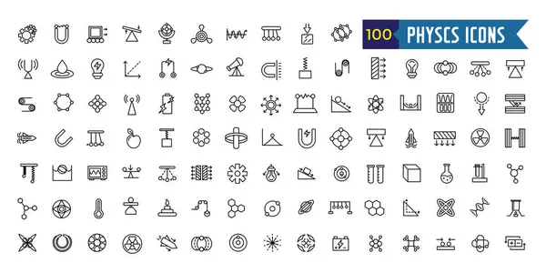 Fizik simgeleri ayarlandı. ui tasarımı için fizik vektör simgelerinin ana hatları. Taslak simge koleksiyonu. Düzenlenebilir vuruş.