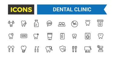 Diş sağlığı kliniği ikonu seti. Taslak simgeler paketi. Düzenlenebilir vektör simgesi ve resimleme.
