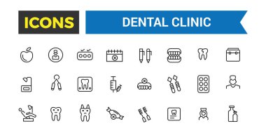 Diş sağlığı kliniği ikonu seti. Taslak simgeler paketi. Düzenlenebilir vektör simgesi ve resimleme.