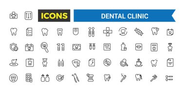 Diş sağlığı kliniği ikonu seti. Taslak simgeler paketi. Düzenlenebilir vektör simgesi ve resimleme.