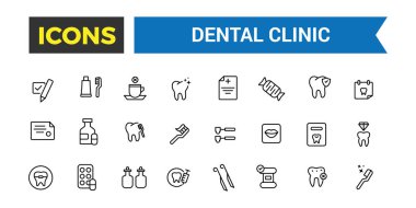 Diş sağlığı kliniği ikonu seti. Taslak simgeler paketi. Düzenlenebilir vektör simgesi ve resimleme.