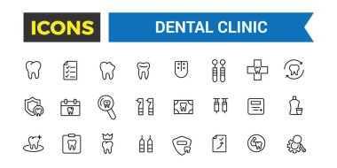Diş sağlığı kliniği ikonu seti. Taslak simgeler paketi. Düzenlenebilir vektör simgesi ve resimleme.