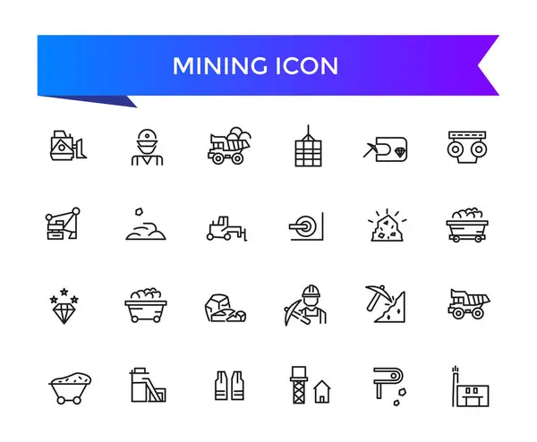 Madencilik ikonu koleksiyonu. Mineraller, altın, kazma, madenci, kazıcı, elmas, kömür vagonu, kaya matkabı ve altın işleme simgeleriyle ilgili.