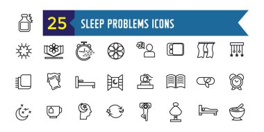 Uyku problemleri simgeleri ayarlandı. ui tasarımı için ana hatlı uyku problemleri vektör simgeleri. Taslak simge koleksiyonu. Düzenlenebilir vuruş.